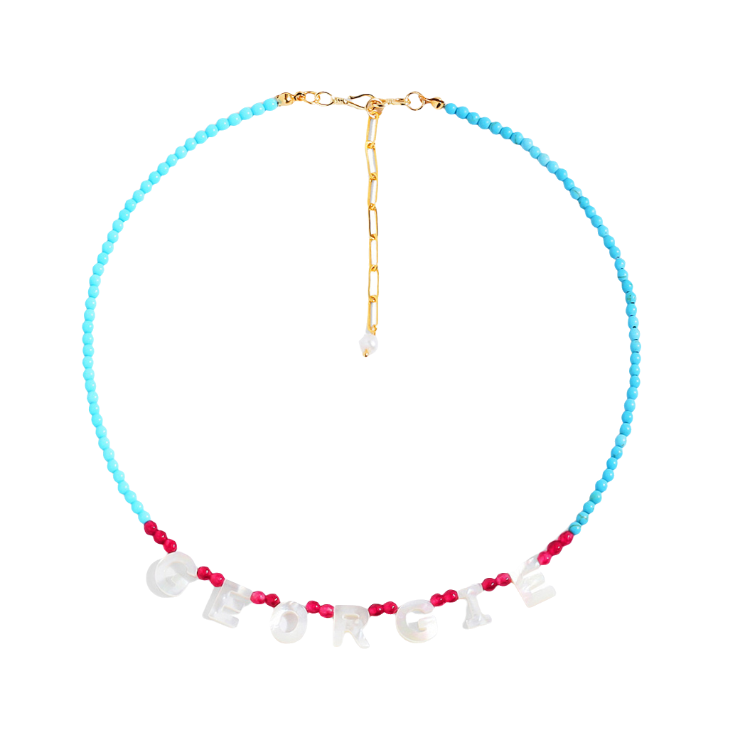 Custom Name Necklace with Turquoise & Red Gemstone