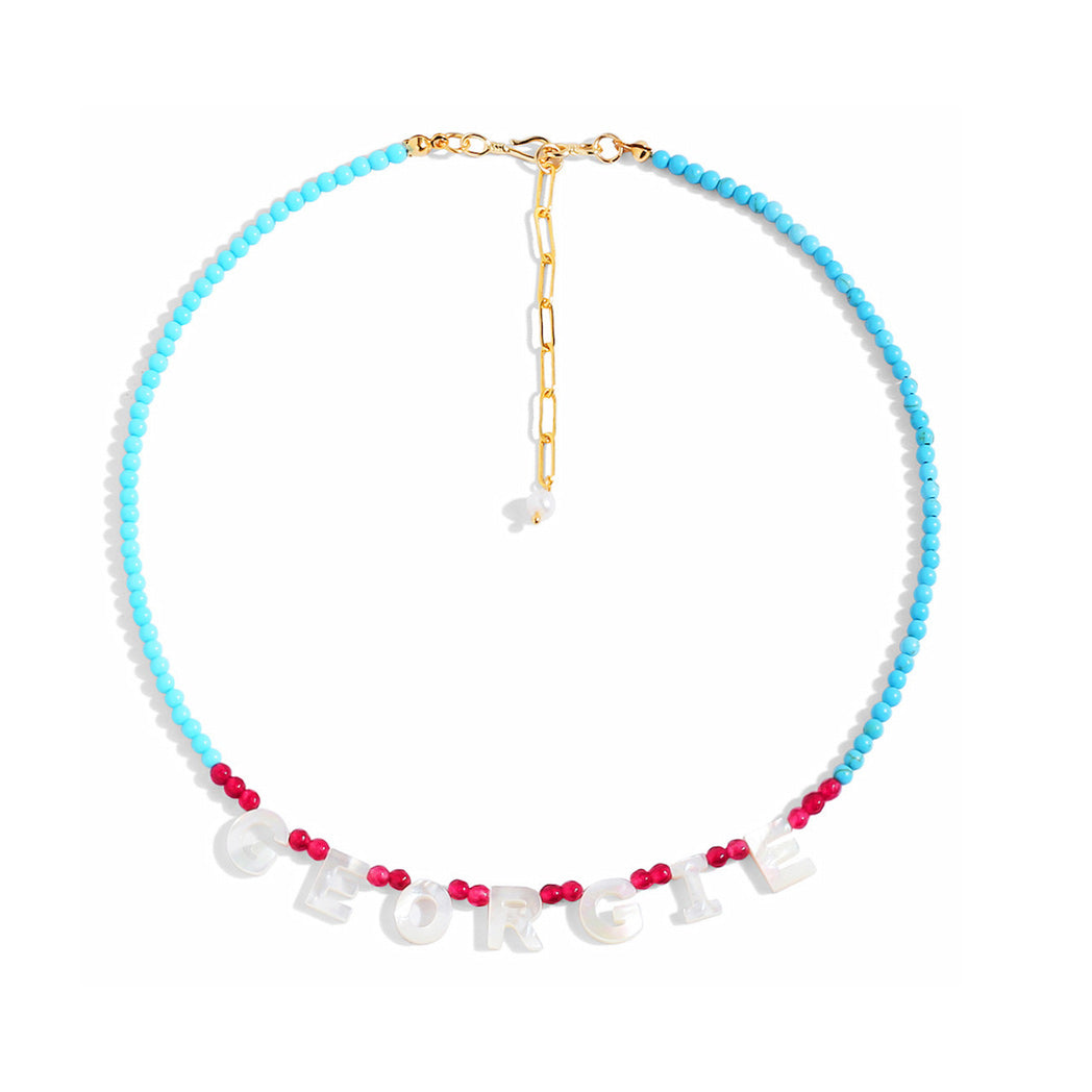 Custom Name Necklace with Turquoise & Red Gemstone