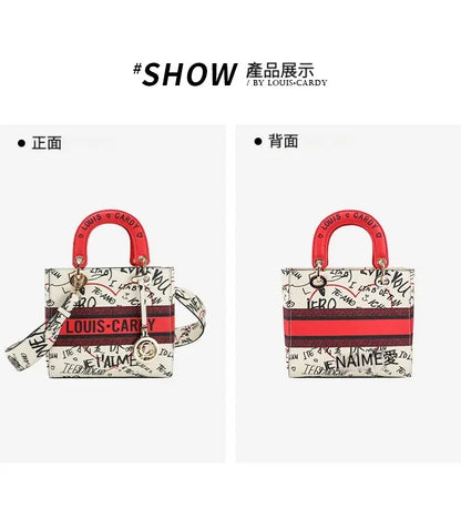 米白色歐美風格涂鸦拼色戴妃手提包